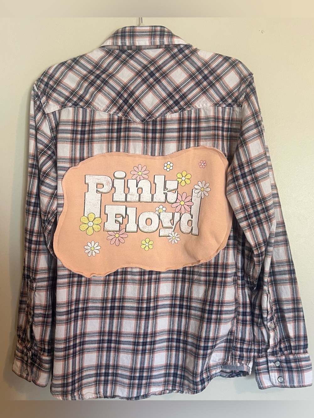 Pink Floyd Patch Upcycled Plaid Shirt - Pink, Black & White